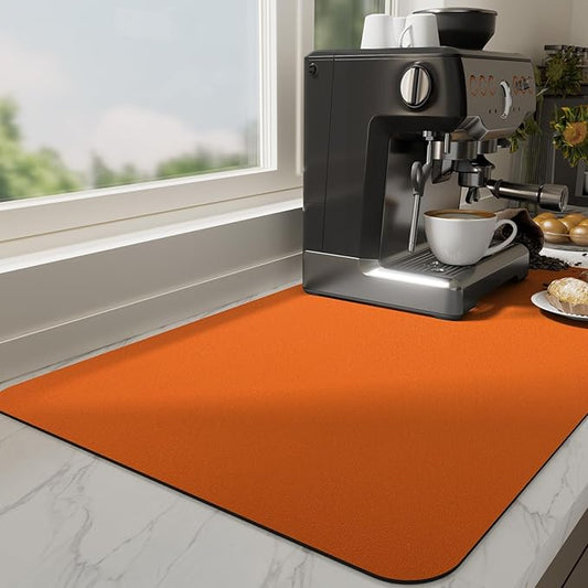 Ecotrim Absorbent Coffee Mat , Stain Hiding PU Leather Surface, Non-Slip Natural Rubber Backing, Quick Dry Mat for Espresso Machine, Kitchen Counter ,Orange | 12" x 19"