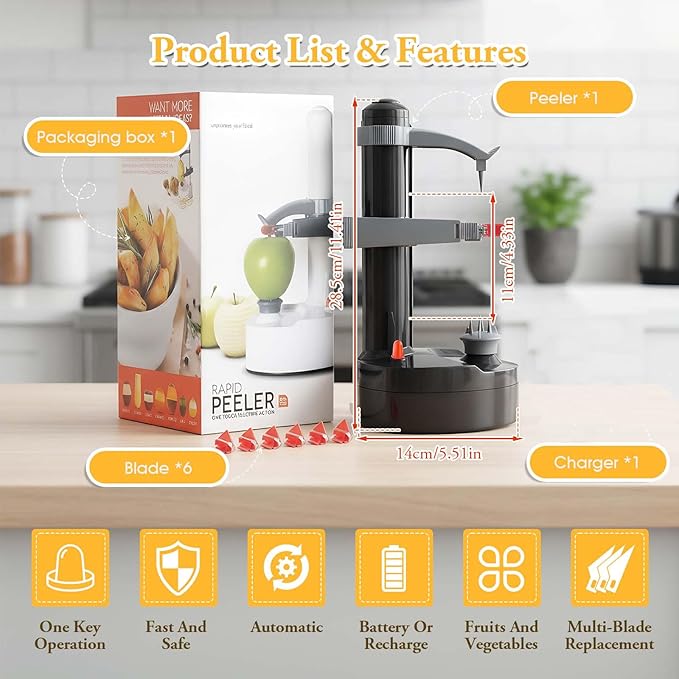 ele ELEOPTION Electric Potato Peeler Multifunction Electric Fruit Apple Peeler Potato Peeling Machine Automatic Rotating, Kitchen Peeling Tool Black