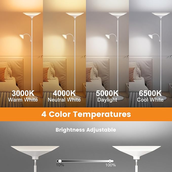 SIBRILLE Upgraded 2-Light Torchiere Floor Lamp - 34W Color Changing Standing Lamp with Remote, Rotatable Floor Reading Light, Modern Standing Light with for Living Room Bedroom Office, White