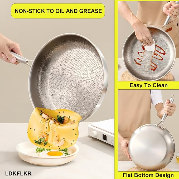Titanium Hammered Pan with Lid, Titanium Frying Pa, No Coating Non-Stick Steak and Egg Pan Scratch-Resistant Titaniums Cookware for Cooking Compatible with All Cooktops,11 x 2.4 in