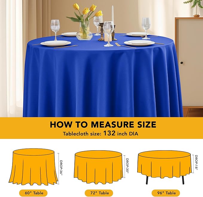 6-Pack Royal Blue Round Tablecloths, 132 Inches, Stain-Resistant Polyester for 6-8 Ft Round Tables - Washable Table Covers for Weddings, Banquets, Birthday Parties, Events
