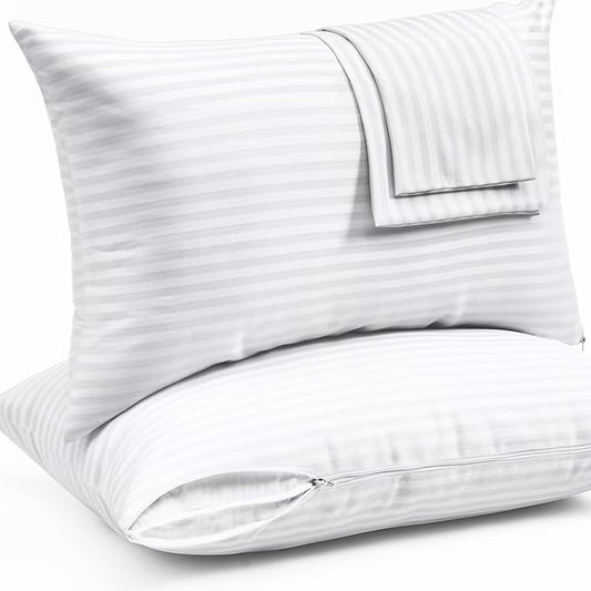 Ultra Soft Pillow Protectors with Zipper Queen Size - Set of 2 Breathable Pillow Covers - 100% Protection Against Stains, Dust & Dirt - Machine Washable (Dark White)