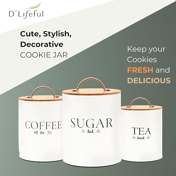 D'Lifeful Tea Coffee Sugar Canister Set - 3pc Airtight Canister Sets for Kitchen Counter - Farmhouse Containers for the Kitchen - Decorative Countertop storage with Airtight Lid for Freshness - White