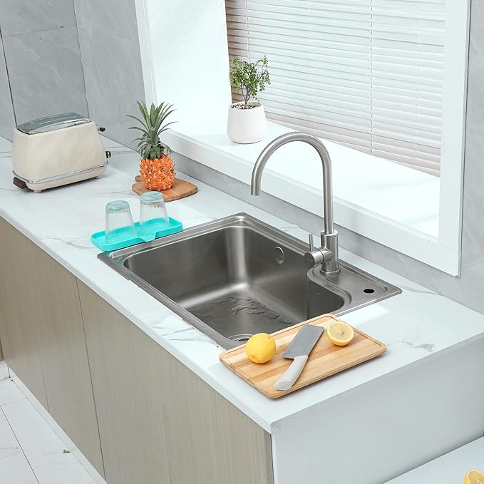 MicoYang Silicone Soap Dish with Drain Spout — Self-Draining Sink Organizer Tray for Bathroom & Kitchen, Sponges, Dispensers & Soap Holder, Non-Slip & Dishwasher Safe, Mint (Medium, 9.6"×5.3")