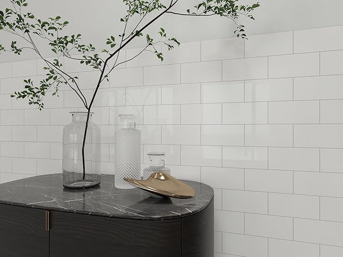 COLAMO Luxury 6"×12" Swatch Peel and Stick Backsplash,Glossy Pure White Backsplash for Kitchen Wall,Self Adhesive Faux Marble Tile, Stick on Accent Wall Brick Tile for Bedroom,RV,Laundry