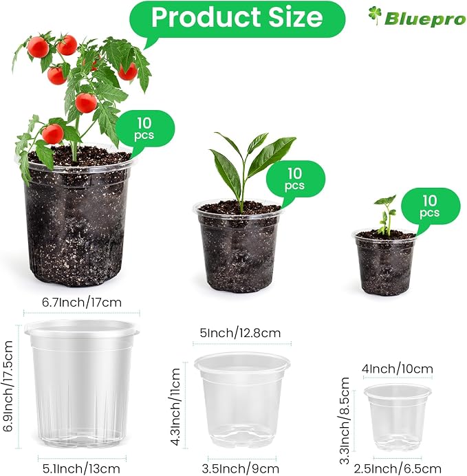 Bluepro Clear Nursery Pots with Drainage Holes, 3.5/4/5 Inch, 36-Pack | Clear PET, 12 Each of 3 Sizes, Root and Moisture Visibility, Flexible, Reusable, Indoor Use, Propagation and Seed Starting
