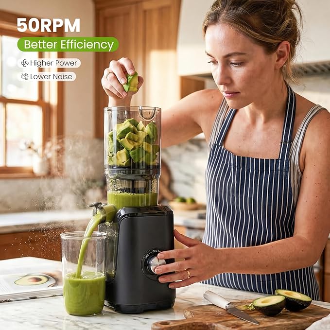 Slow Masticating Juicer Machines, Cold Press Juicer with Safety Lock & Reverse Function, 4.25" Feed Chute for Whole Fruits & Vegetables, High Juice Yield, Black