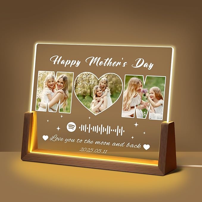 Personalized Mothers Day Birthday Gifts For Mom, Custom Spotify Plaque Mom Gifts From Daughter Son Husband, Light Up Picture Frame With Photo Name Customized Gift For Mama Grandma Wife