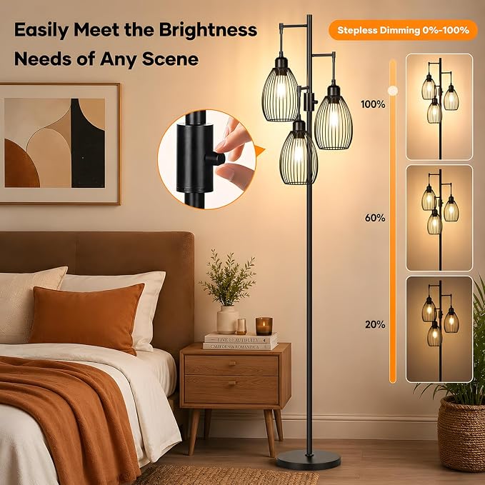 Dimmable Floor Lamp, 3 x 800LM LED Edison Bulbs Included, Farmhouse Industrial Floor Lamp Standing Tree Lamp with Elegant Teardrop Cage Tall Lamps for Living Room Bedroom Office Dining Room-Black