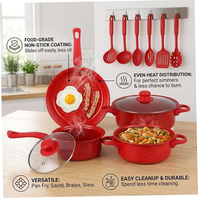 Nonstick Cookware Set, 13-piece Nonstick Cookware Set, Non Stick Pots and Pans with Frying Pan, Saucepans, Milk Pot & Utensils for Home Cooking, Red