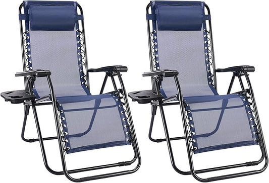 Sweetcrispy Zero Gravity Chairs Set of 2, Outdoor Folding Reclining Lounge Chair with Cup Holder Tray & Adjustable Pillow, Portable Camping Beach Patio Poolside Lawn Yard Chair, Classic Blue