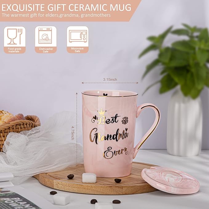 Grandma Gifts for Grandma, Mothers Day Birthday Gift for Grandmother from Granddaughter Grandson - 14Oz Pink Marble Ceramic Coffee Mugs Print with Real Gold - Lid Spoon Card, Box