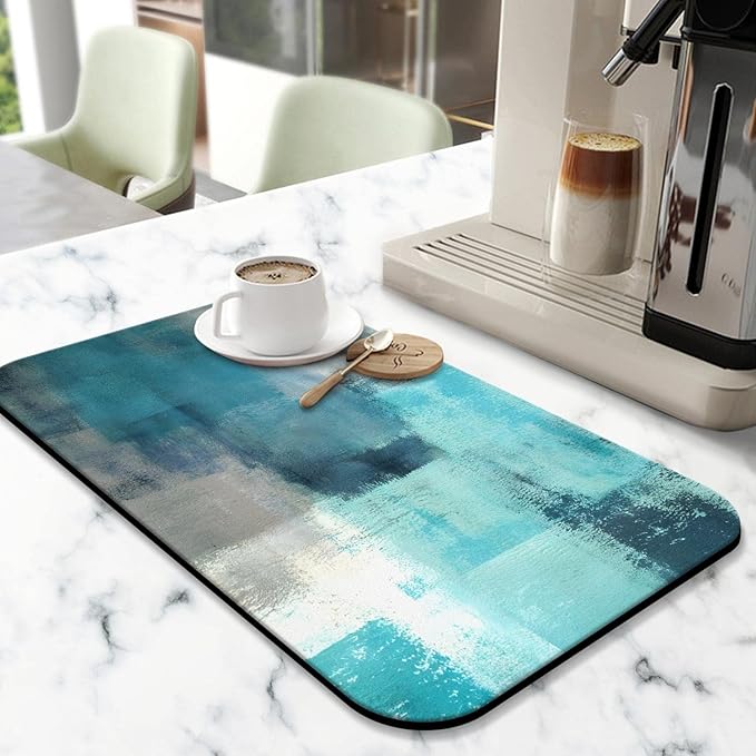Coffee Bar Mat Accessories for Countertop Turquoise Abstract Art Absorbent Hide Stain Rubber Backed Dish Drying Mats for Kitchen Counter Draining Pad decor Gift Fit Under Coffee Maker (20x12in)