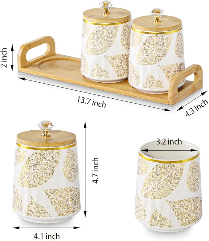 Ceramic Storage Canister for Coffee Sugar Tea Set of 3, Kitchen Pantry Container with Bamboo Lids and Tray, Airtight Food Storage Jars Kitchen Counter Storage Containers for Dining Table