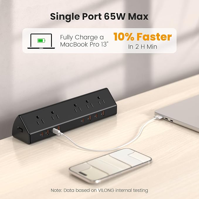 VILONG Desk Clamp Power Strip,65W Total Fast Charging Station,Desk Edge Mount Power Strip,8 USB Ports (4 USB C) & 5 AC Outlets,1200J Surge Protector (Black, 6, Feet, Power Strip)