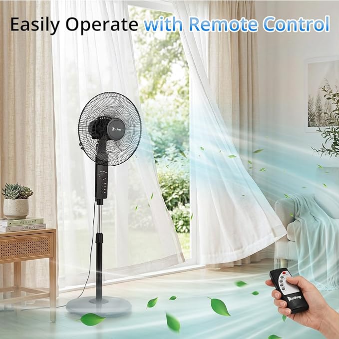 Winado 16 inch Oscillating Pedestal Fan with Remote Control, 3-Speed Stand Fan, High Velocity, Adjustable Height & Tilt, 7.5H Timer, Quiet Standing Fan for Bedroom, Living Room, Office, Black