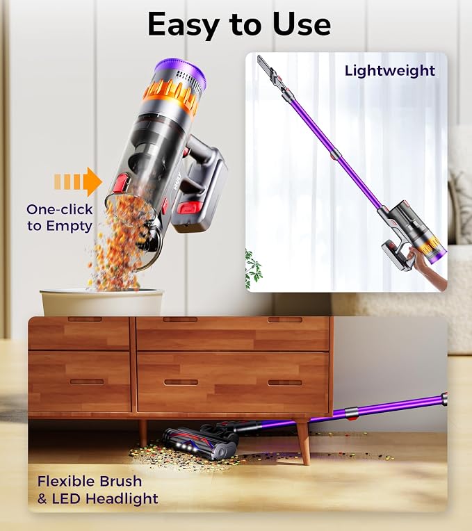 Cordless Vacuum Cleaner, 600W 50Kpa 70 Mins Cordless Stick Vacuum, Self-Standing Wireless Vacuum with Touch Screen, Anti-Tangle Rechargeable Vacuum Cleaners for Home/Pet Hair/Carpet