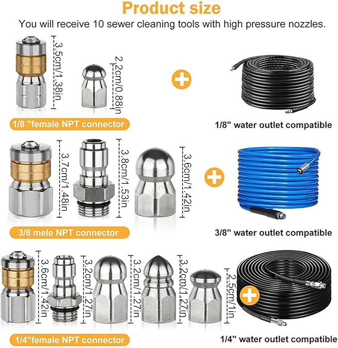 Pressure Washer Jetter Nozzle | with Connectors Tips - 10-Piece High Pressure Drain Cleaner Nozzle | for Home Kitchen Parking Lot Sink Pipe Floor Drain Downspout