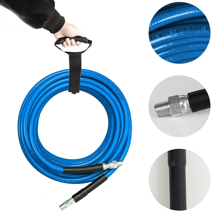 Xiny Tool Sewer Jetter Kit for Pressure Washer 50FT, 4000 PSI Drain Cleaner Hose 1/4 Inch NPT, Corner Rotating and Button Hose Sewer Jetting Nozzle Pearl Corsage Pin Tape Handle Strap Spanner, Blue