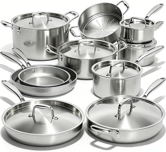 Umite Chef 17Pcs 5 Ply Clad Stainless Steel Cookware Set with Lids, Heavy Duty Pots and Pans Kitchen Set, Induction-Ready, Dual Aluminum Core for Even Heat, Cool Grip Handles, Dishwasher Safe