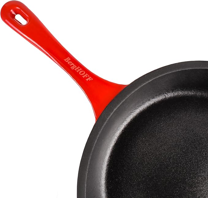 BergHOFF Neo 4Pc Enameled Cast Iron Cookware Set, Grill Pan 11 inches, Fry Pan 10 inches, 3qt. Dutch Oven, Matching Lid, Fast, Evenly Heat, Oven Safe (Red)