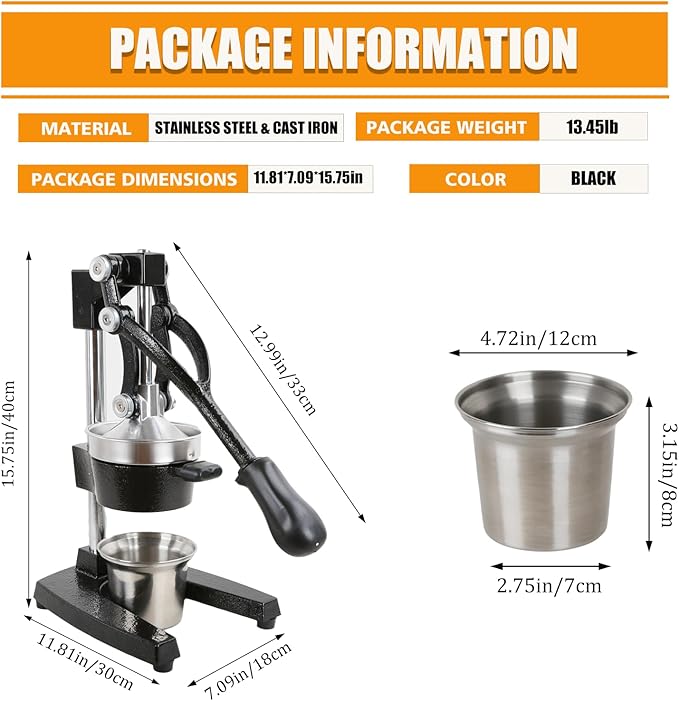 Juicer Manual Cast Iron Citrus Juicer, Heavy-Duty Orange Lemon Squeezer, Extra-Large Commercial Citrus Press, Easy to Clean with Bonus Stainless Steel Cup (Black)