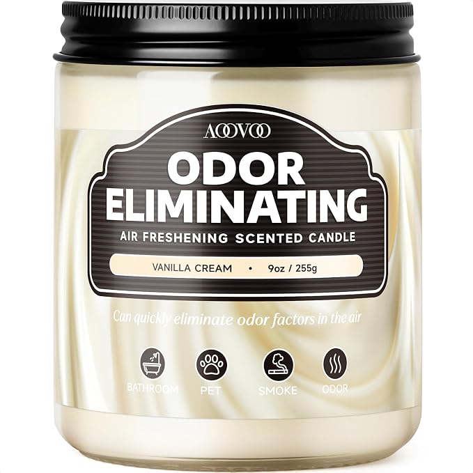 AOOVOO Vanilla Cream Odor Eliminating Highly Fragranced Candle - Eliminates 95% of Pet, Smoke, Food, and Other Smells Quickly, Non Toxic Air Freshing Soy Candle, Up to 50 Hours Burn time