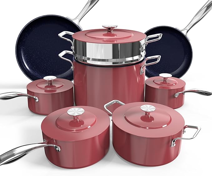 Nuwave Lux 13pc Forged Lightweight Cookware Set PFAS Free, Healthy G10 Duralon Ceramic Coating, Ultra Non-Stick, Stay-Cool Handles, Works on All Cooktops & Induction Ready