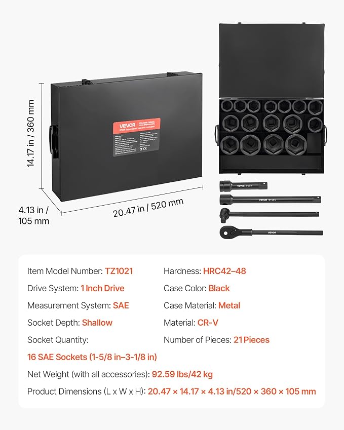 VEVOR 1 in Drive Impact Socket Set, 21 Piece, 6 Point Shallow Impact Sockets, SAE (1-5/8 in to 3-1/8 in), with 8 in & 18 in Extension Bars, 24 in Ratchet, Cr-V Steel, Size Marking, and Carrying Case