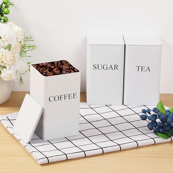 3Pcs Tea Coffee Sugar Canisters Set, Metal Coffee and Sugar Containers, Versatile Kitchen Storage Jars with Airtight Lids, Space Saving Food Canisters Set for Home Kitchen (White)