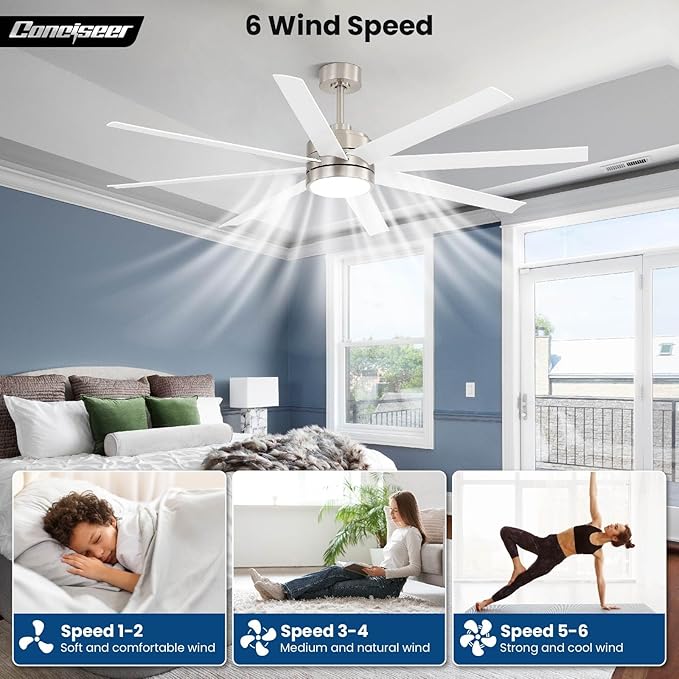 Conciseer 72 Inch Ceiling Fans with Lights and Remote for Bedroom Living Room Kitchen Library Cafe Outdoor/Industrial Use, 3CCT Dimmable, 8 Blades 6 Speed Reversible Quiet DC Motor, Sand-nickel/White