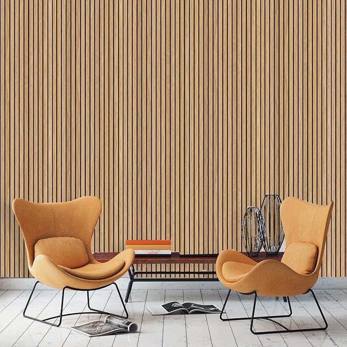 WaveSpace Self-Adhesive PVC Slat Wall Panels, Peel and Stick Wood Panels 118"x15.75", Thick Faux Oak Wood Grain Wallpaper Panels 3D Soundproof Wall & Ceiling Panels Decorativos para Pared