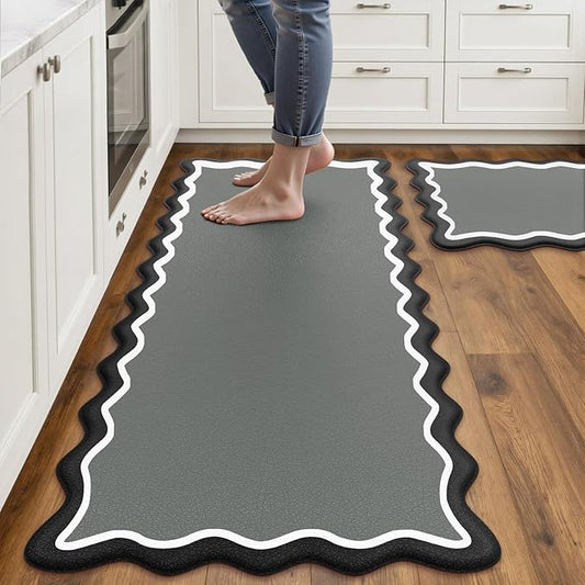 Arenarug Scalloped Black Gray Kitchen Mats Rugs Sets of 2 Cushioned Anti Fatigue Floor Mat Waterproof Kitchen Rugs Non Slip Foam Comfort Standing Mat for Sink Laundry