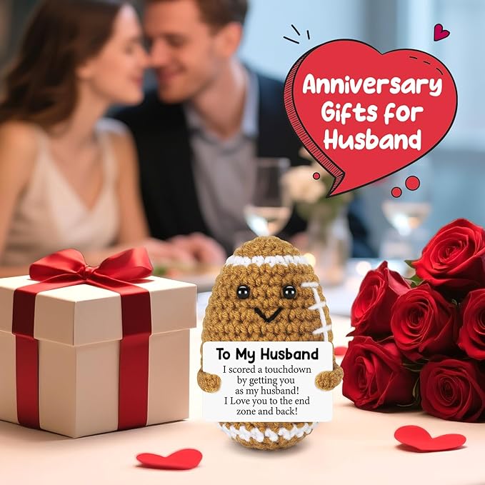 Fathers Day Birthday Gifts for Husband from Wife, To My Husband Handmade Crochet Football Decorations Gift for Husband, Wedding Anniversary Present for Men, Romantic Decor for Couple, Hubby, Spouse