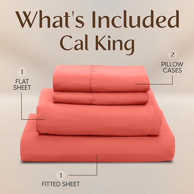 Utopia Bedding California King Size Sheet Set – 4 Piece Bed Sheets, Soft and Breathable Microfiber, Includes 1 Fitted Sheet, 1 Flat Sheet and 2 Pillowcases – Oeko Tex (Coral)