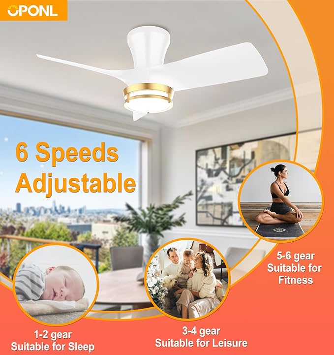 OPONL 30 Inch White Ceiling Fan with Light, with Gold Trim Ring, Large Air Volume, flush mount ceiling fan for Bedroom Kitchen Dining room Patio