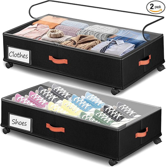 Under Bed Storage with Wheels 2-Pack, Under Bed Storage Containers 66L Clear Lids, Rolling Storage Drawers for Clothes Shoes Blankets, Underbed Organizer Bins(30" L x 16.2" W x 7.5" H)
