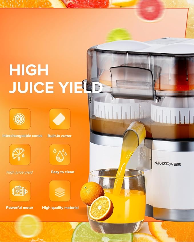 Dual-Head Electric Orange Juicer Squeezer, Citrus Juicer Machines with Power Cord & Cleaning Brush, 1-Touch Automatic Juicer Machine for Orange, Lemon, Lime, High Juice Yield, Built-in Cutter
