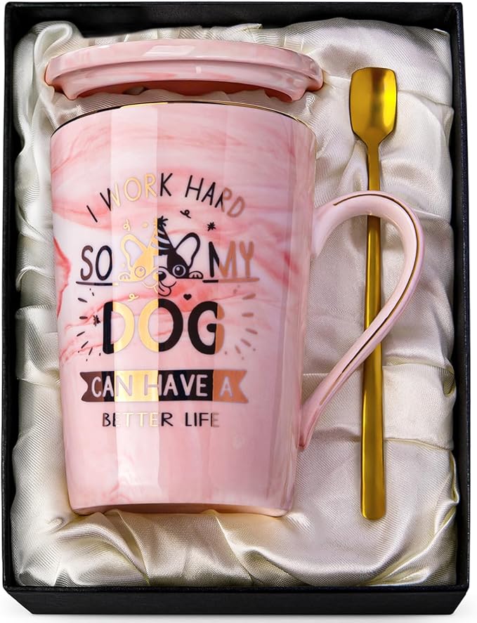 Dog Mom Gifts for Women - Unique Dog Lover Gift Presents for Birthday, Christmas, Valentine’s, or Mother’s Day - 14oz Pink Marble Ceramic Mug for Dog-Loving Friend, with Greeting Card, Nice Gift Boxed