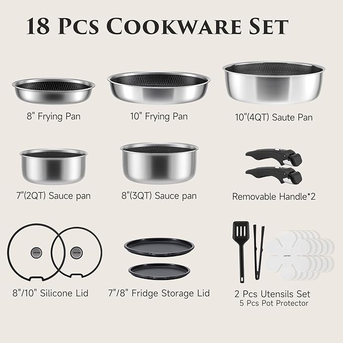 JEETEE Hybrid Tri-Ply Stainless Steel Cookware Set, 18pcs Pots and Pans Set Non Stick with Detachable Handles, Induction Cookware Set Kitchen Cooking Sets, RV/Camping Cookware, Dishwasher & Oven Safe