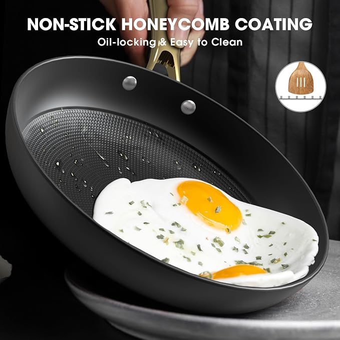 imarku Frying Pans, 10 & 12 Inch Cast Iron Skillets with Honeycomb Surface | Non Stick Frying Pans, Oven Safe & Induction Compatible, Ergonomic Stay-Cool Handle, Gold
