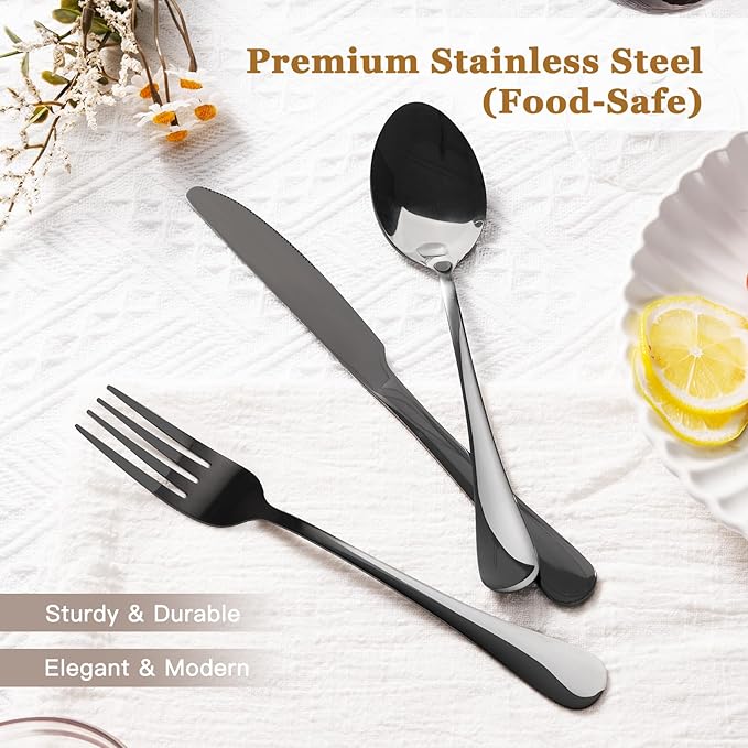 Astercook 24-Piece Black Silverware Set with Steak Knives Flatware Set for 4 Food-Grade Stainless Steel Cutlery Set Mirror Polished Utensils Set Include Spoons and Forks for Home Gifts for Women