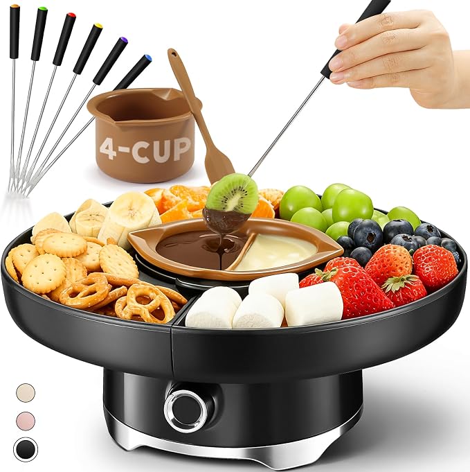 Electric Chocolate Fondue Set, 4-Cup Chocolate, Rotating Tray | Melt & Warm Modes, Dual Silicone Inserts, 6 Color-Coded Forks, Easy-Clean, Ideal for Candy Melts, Movie Night, Game Night