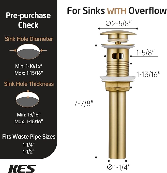 KES Vessel Sink Drain Pop Up Drain with Overflow Bathroom Stopper Assembly Brushed Gold for 1.6"-1.9" Sink Hole, All Metal Rustproof Brass and 304 Stainless Steel, S2008A-BZ