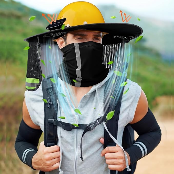 1 Set Sun Hard Hat Shade Full Brim Hard Hat Sun Visor with 2 Solar Fans and Neck Sunshade Cover UV Reflective Strap Arm Sleeves for Construction Workers Outdoor Protection(Black)