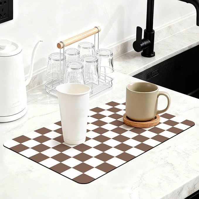 12" x 20" Checkered Dish Drying Mat for Kitchen Counter, Absorbent Coffee Bar Mat for Espresso Machine Coffee Countertops Accessories, Coffee Brown