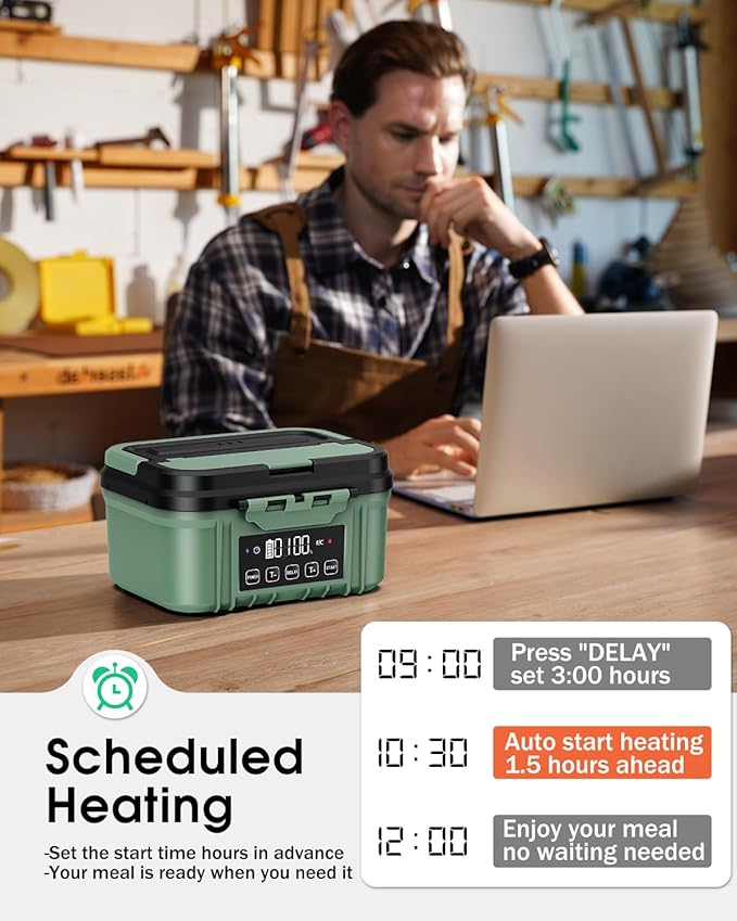 Cordless Electric Lunch Box for Adults – Battery-Powered Heated Lunch Box with 1.2L Stainless Steel Container, Timer Function, and Leak-Proof Food Warmer for Work, Travel & Office(Pine Green)