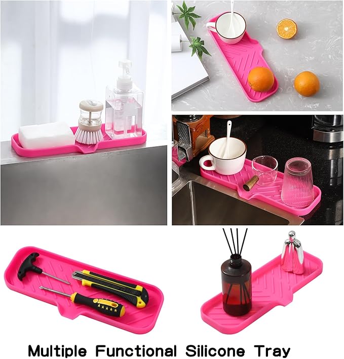 MicoYang Silicone Soap Dish with Drain Spout — Self-Draining Double Sink Organizer Tray for Kitchen & Bathroom, Dispensers, Sponges & Soap Holder, Non-Slip & Dishwasher Safe, Rose (Large, 12"×4")