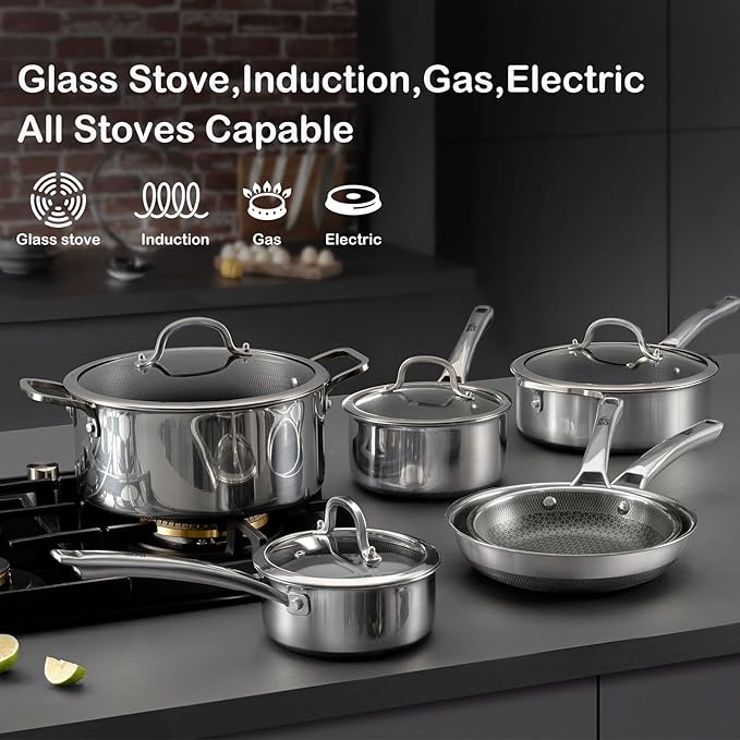 Sauce pan with lid,1.5 Quart & 2.5 Quart & 3.5 Quart Nonstick pot set | Hybrid Stainless Steel Saucier cookware,non stick Pots PFOA Free,Works on Induction,Ceramic and Gas Cooktops