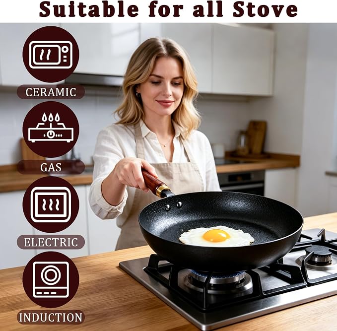 Nonstick Frying Pan with Lids Set, 10”/11”/12.5” Lightweight Iron Skillets | with Detachable Wooden Handles, Pre Seasoned wok with Tempered Glass Lids